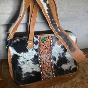 Brown and Black Cowhide Leather Tote Bag